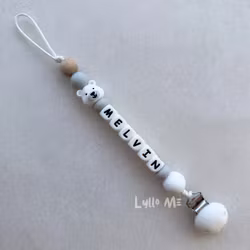Pacifier holder with name IsBjörnen Grey / White