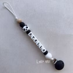 Pacifier holder with name Panda Black/ White