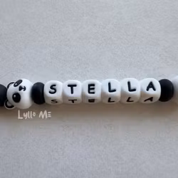 Pacifier holder with name Panda Black/ White
