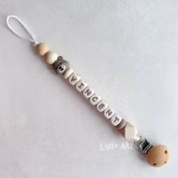 Pacifier holder with name Little Bear Taupe/linen/Cream