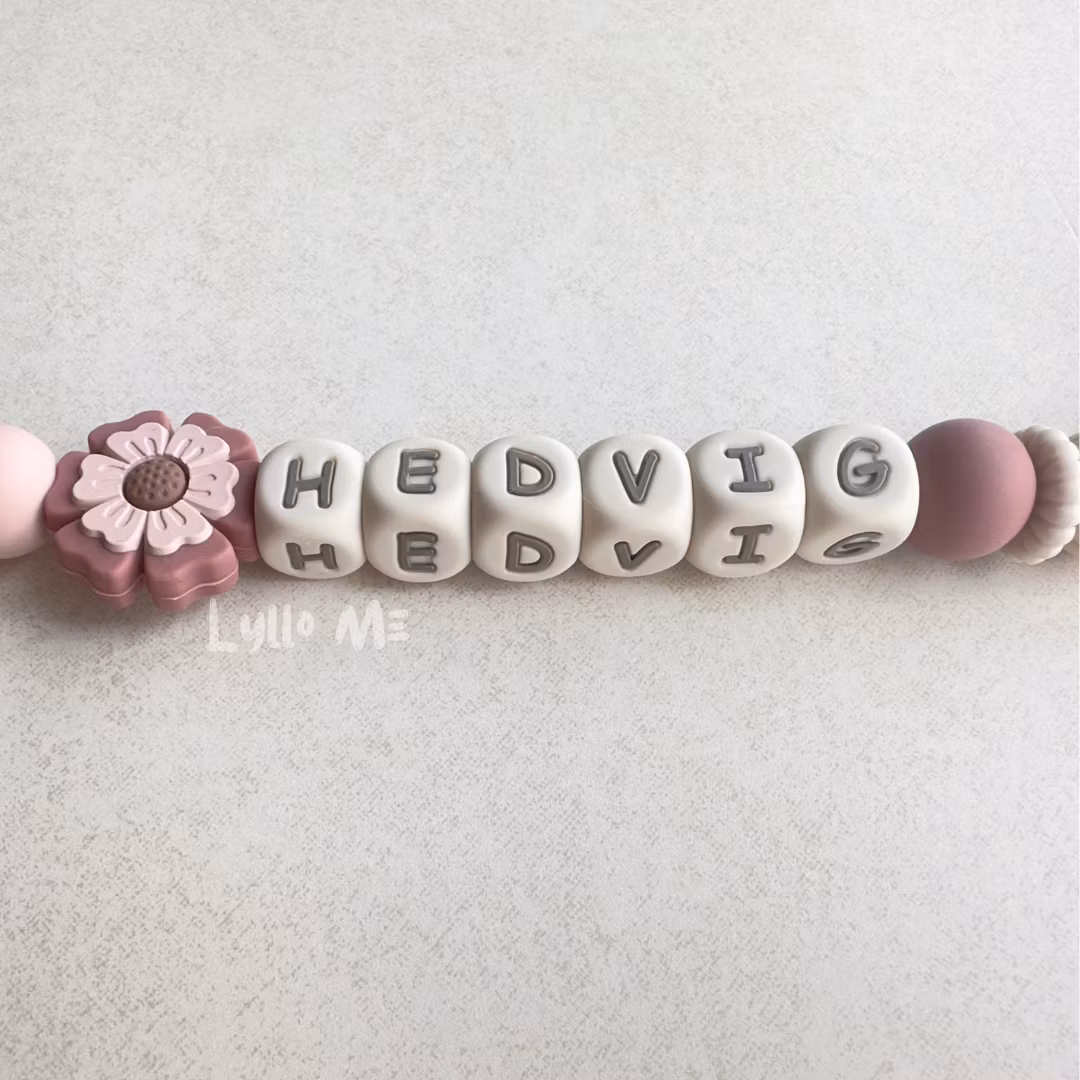 Pacifier holder with name FLOWER Rouge/Cream