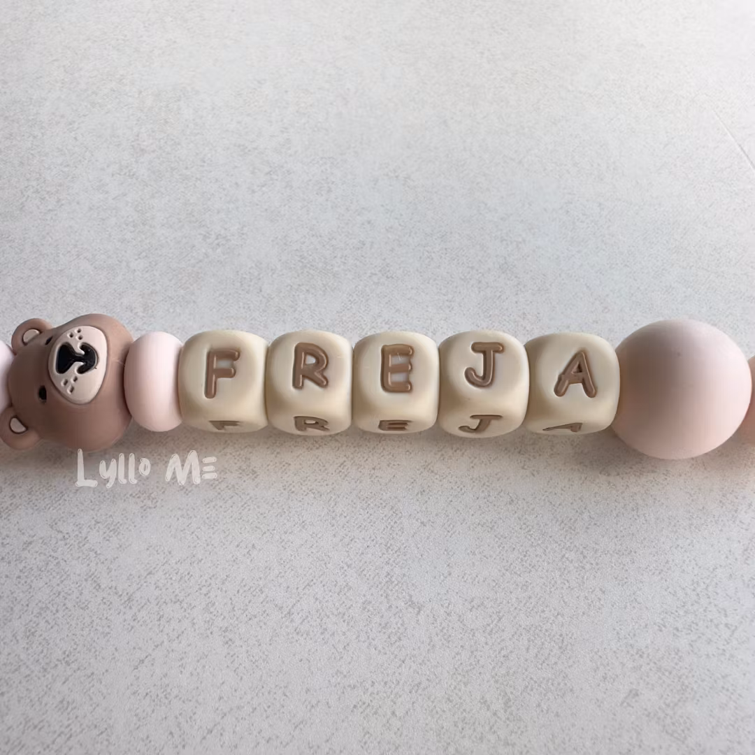 Pacifier holder with name - Little Bear - Astilbe/Wheat
