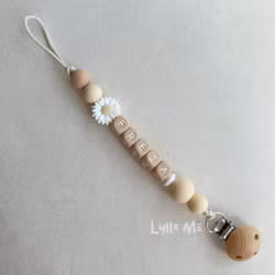 Pacifier holder with name - DAISY White / Oatmeal
