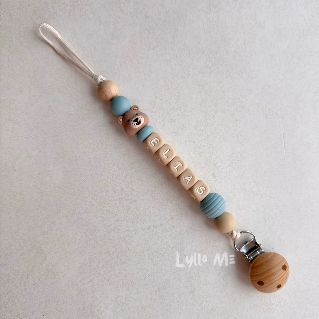 Pacifier holder with name - Little Bear - Grey Blue/ Oatmeal