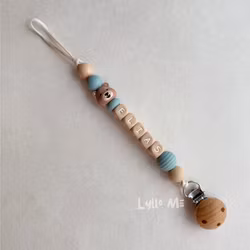 Pacifier holder with name - Little Bear - Grey Blue/ Oatmeal