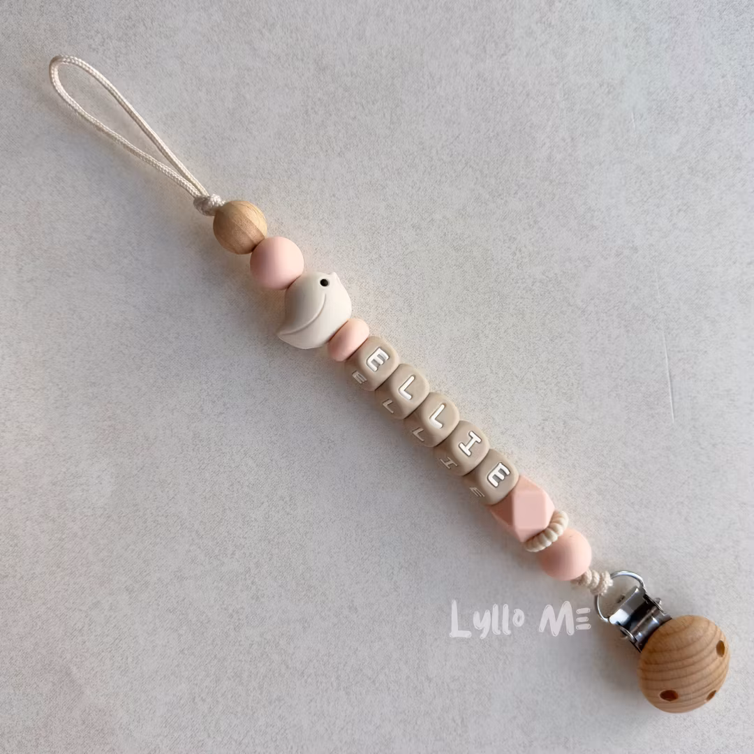 Pacifier holder with name - BIRD - CREAM- BLUSH/ TAUPE