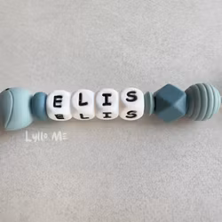 Pacifier holder with name BIRD - Gray Blue- Arctic Blue / White