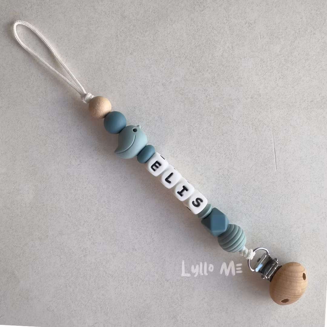 Pacifier holder with name BIRD - Gray Blue- Arctic Blue / White