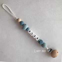 Pacifier holder with name BIRD - Gray Blue- Arctic Blue / White