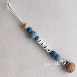 Pacifier holder with name LITTLE BIRD - Gray Blue- Arctic Blue / White