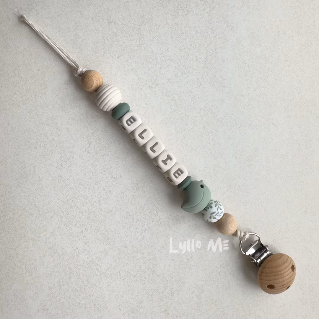 Pacifier holder with name - LITTLE BIRD- LIGHT GREEN/ Cream