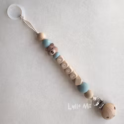 Pacifier holder with name - Little Bear - Dusky Blue / Oatmeal