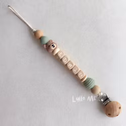 Pacifier holder with name - Little Bear - Old green/ Oatmeal