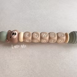Pacifier holder with name - Little Bear - Old green/ Oatmeal