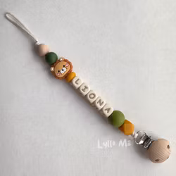 Pacifier holder with name - Little Lion -Green - Curry /WHEAT