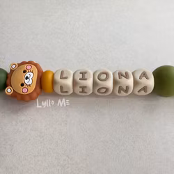 Pacifier holder with name - Little Lion -Green - Curry /WHEAT