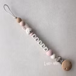 Pacifier holder with name BUNNY round - Light Pink / CREAM