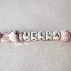 Pacifier holder with name BUNNY round - Light Pink / CREAM