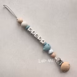 Pacifier holder with name - LITTLE BIRD- GREY BLUE / Cream