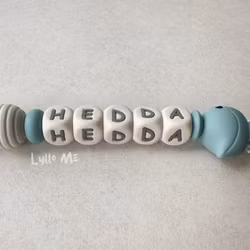 Pacifier holder with name - LITTLE BIRD- GREY BLUE / Cream