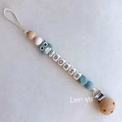 Pacifier holder with name - OWL- GREY BLUE / CREAM