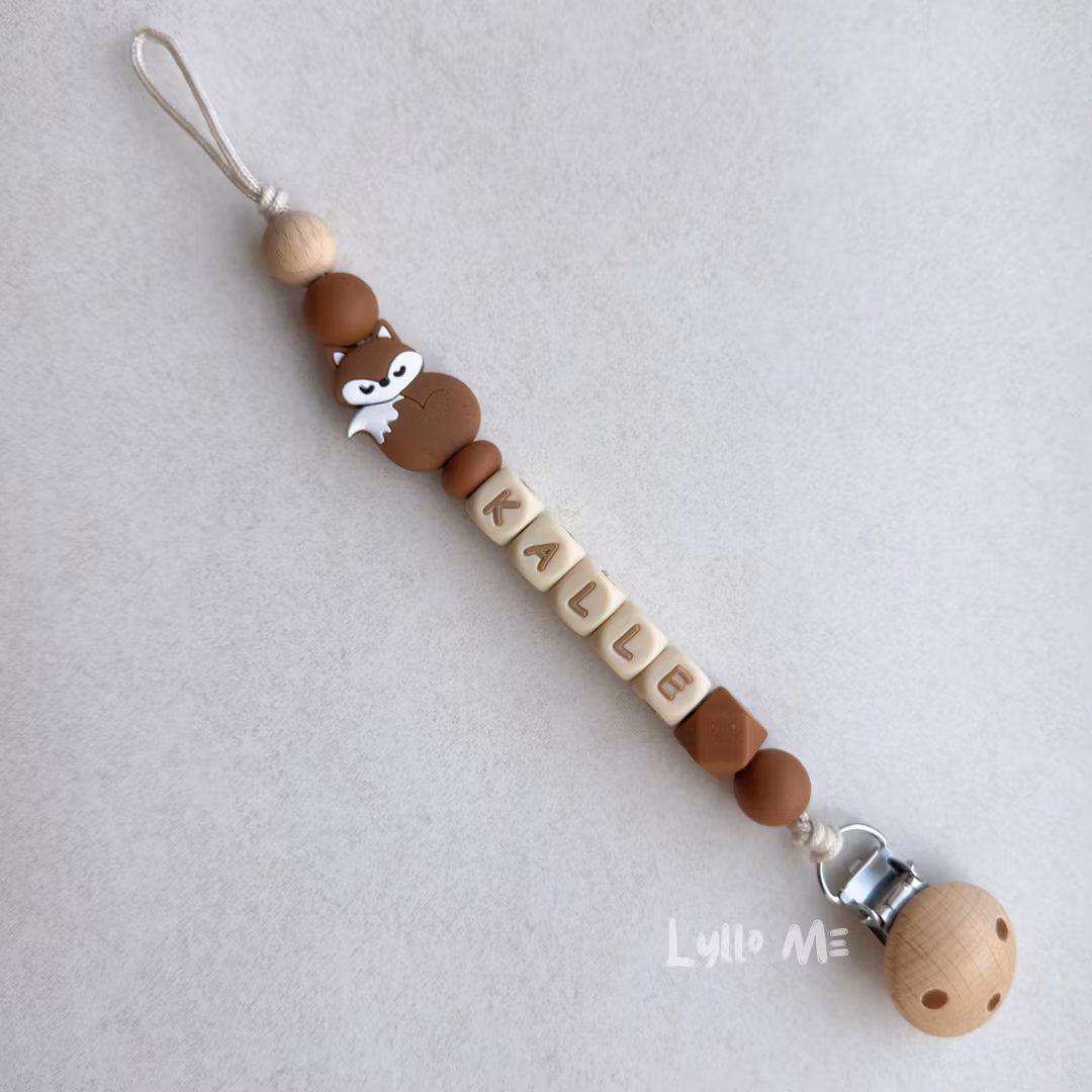 Pacifier holder with the name Fox Brown  / WHEAT
