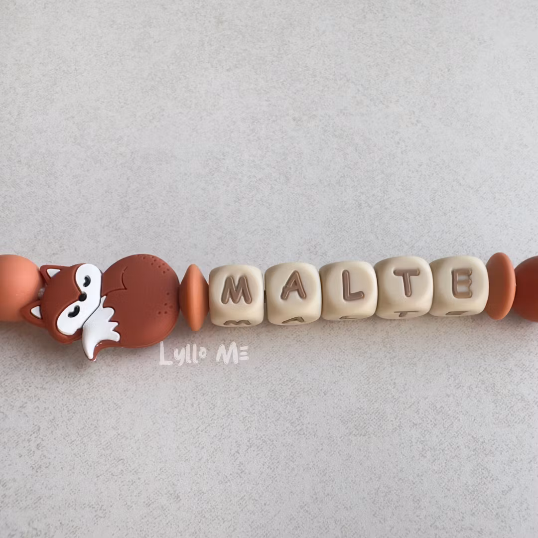 Pacifier holder with name Fox Brick red /WHEAT