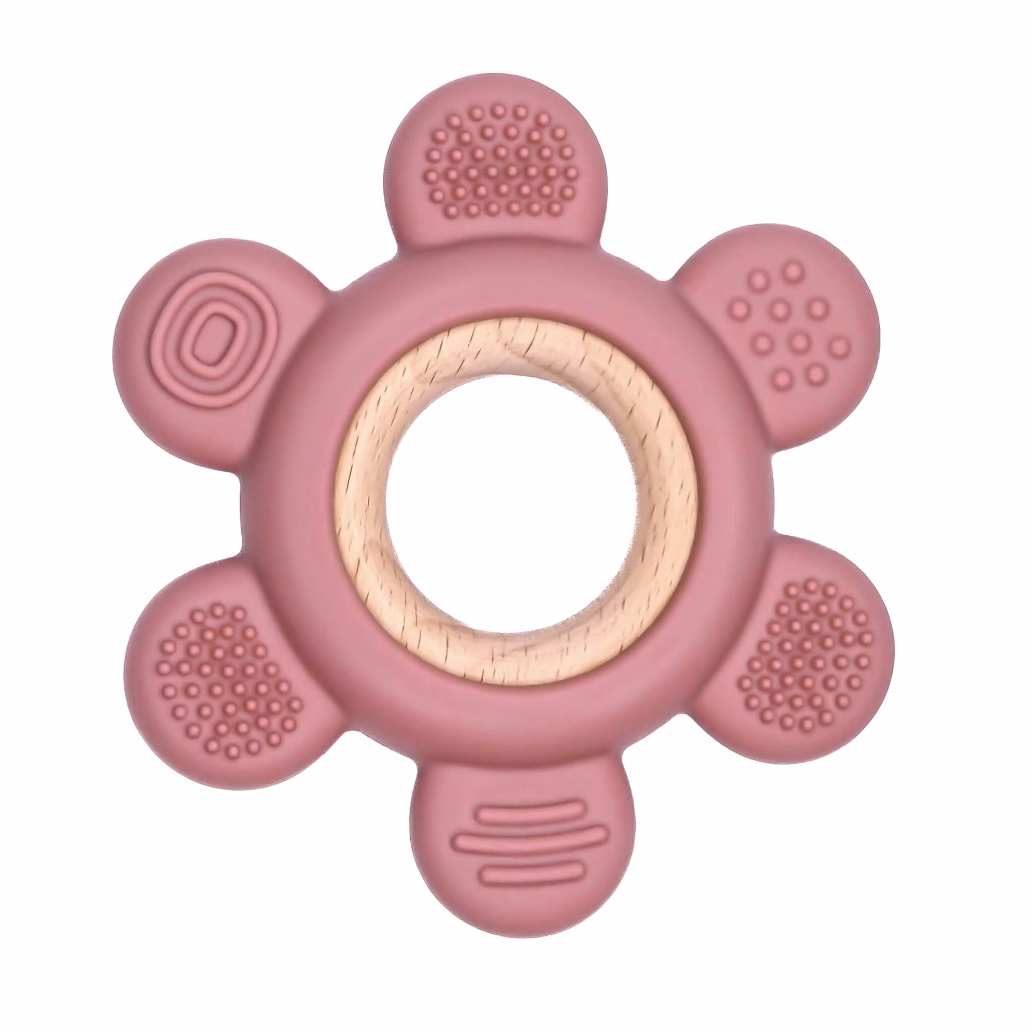 TEETHING FIGURE IN SILICONE and  WOOD - FLOWER WITH STRUCTURE PINK