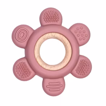 TEETHING FIGURE IN SILICONE and  WOOD - FLOWER WITH STRUCTURE PINK