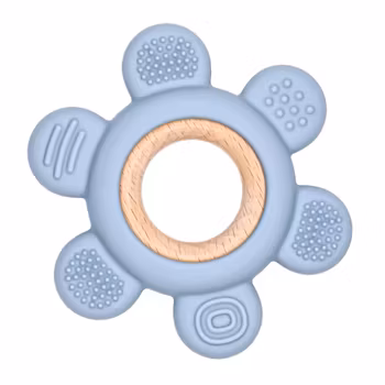 TEETHING FIGURE IN SILICONE AND WOOD - STRUCTURED FLOWER DUSTY BLUE