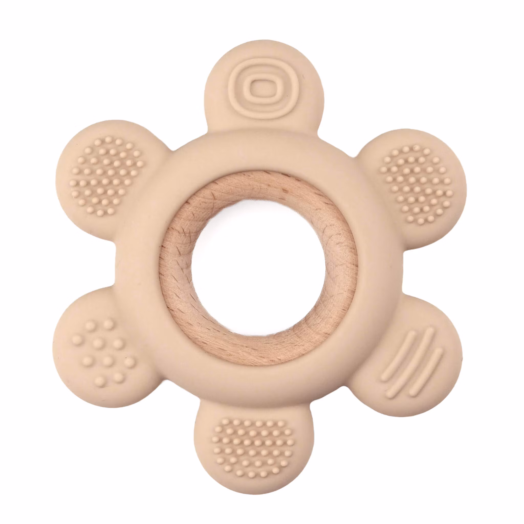 TEETHING  FIGURE IN SILICONE AND WOOD - FLOWER WITH SAND TEXTURE
