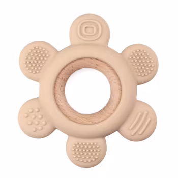 TEETHING  FIGURE IN SILICONE AND WOOD - FLOWER WITH SAND TEXTURE