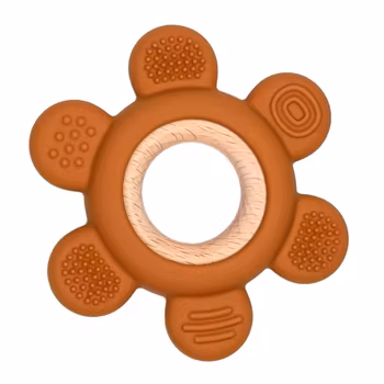 TEETHING  FIGURE IN SILICONE AND WOOD - FLOWER WITH STRUCTURE DARK TERRACOTTA