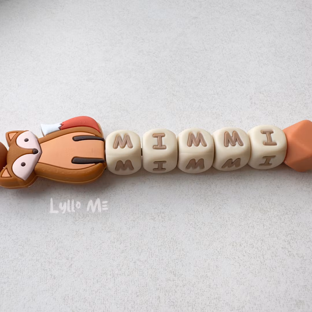 Pacifier holder with name FOX ROSTY BROWN /WHEAT