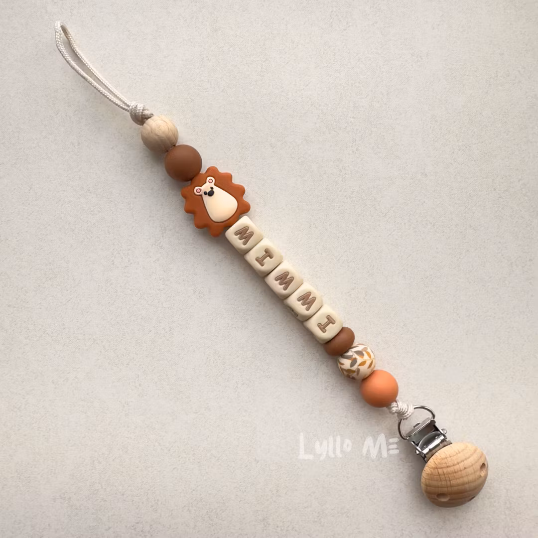 Pacifier holder with the name Hedgehog rusty brown /WHEAT