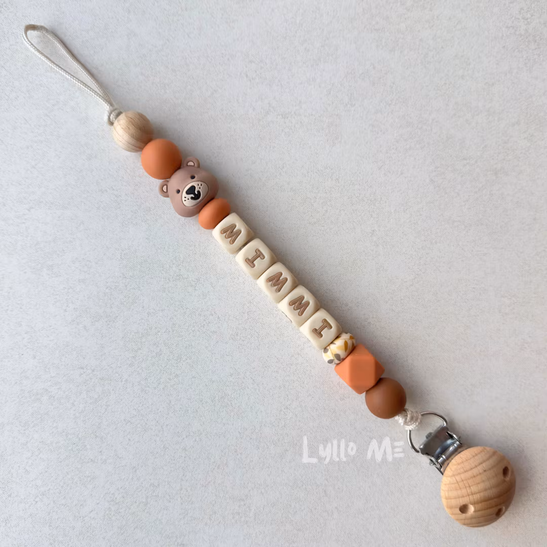 Pacifier holder with name - Little Bear - Rusty Brown / Wheat