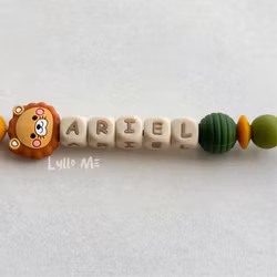 Pacifier holder with name - Little Lion - Forest Green- Curry /WHEAT