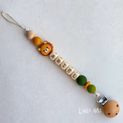 Pacifier holder with name - Little Lion - Forest Green- Curry /WHEAT