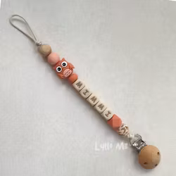 Pacifier holder with name - OWL- TERRACOTTA / WHEAT