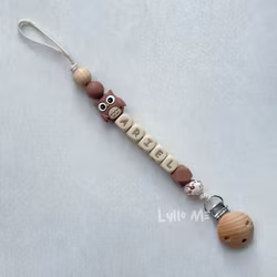 Pacifier holder with name - OWL- BROWN / WHEAT
