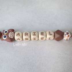 Pacifier holder with name - OWL- BROWN / WHEAT