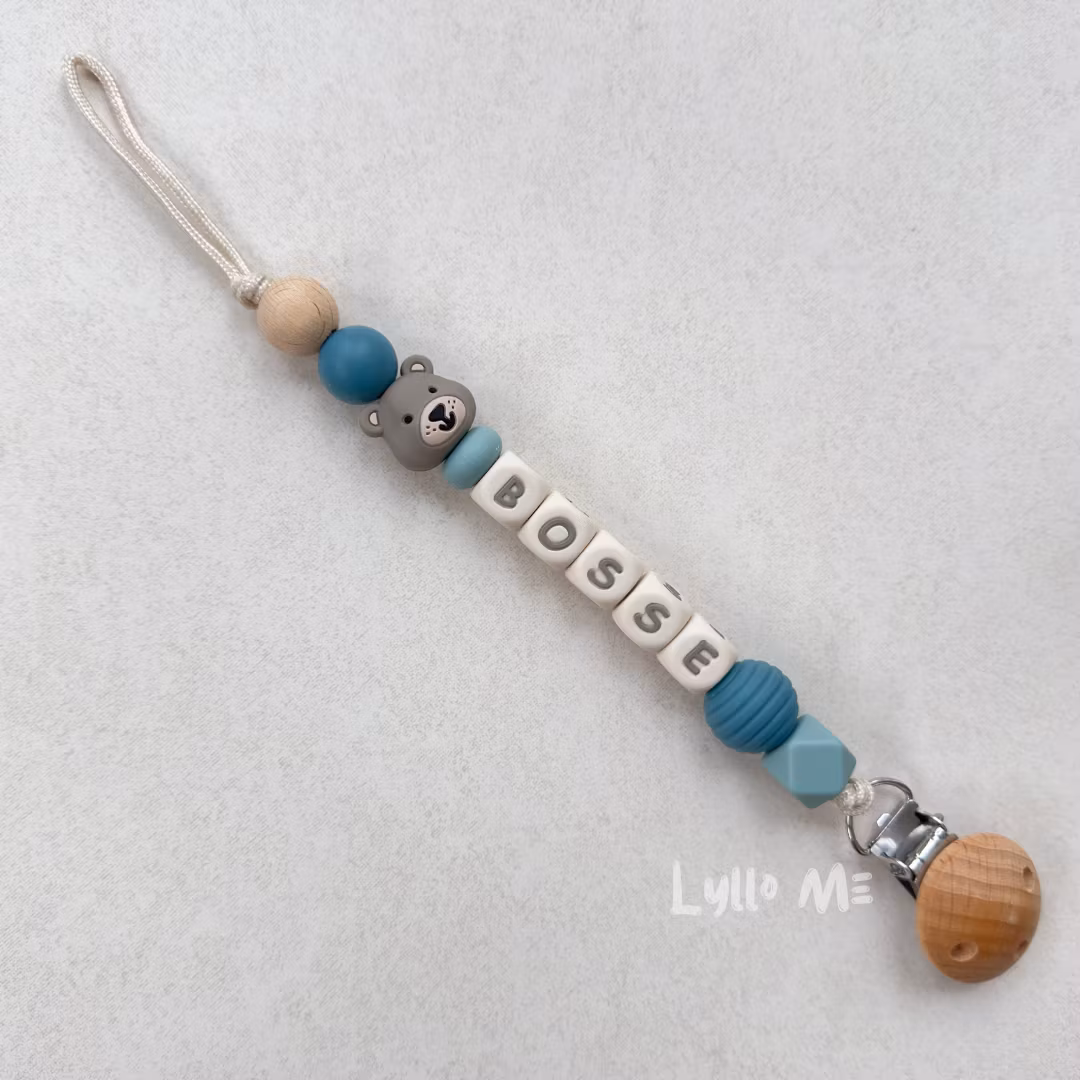 Pacifier holder with name - Little Bear - Grey Blue - arctic blue / CREAM