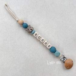 Pacifier holder with name - Little Bear - Grey Blue - arctic blue / CREAM