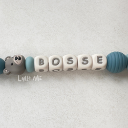 Pacifier holder with name - Little Bear - Grey Blue - arctic blue / CREAM
