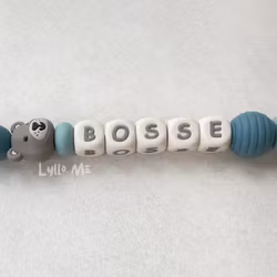 Pacifier holder with name - Little Bear - Grey Blue - arctic blue / CREAM