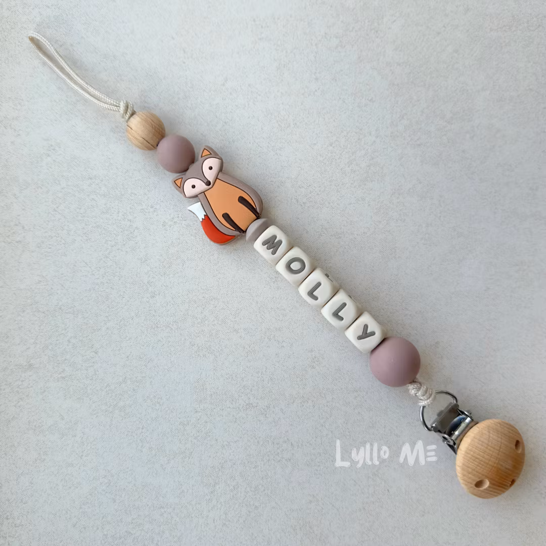 Pacifier holder with name FOX TAUPE-FAWN /CREAM