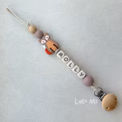 Pacifier holder with name FOX TAUPE-FAWN /CREAM