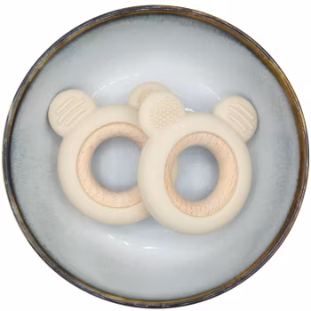 SILICONE AND WOOD BITE FIGURE -Bear with Wood - Cream