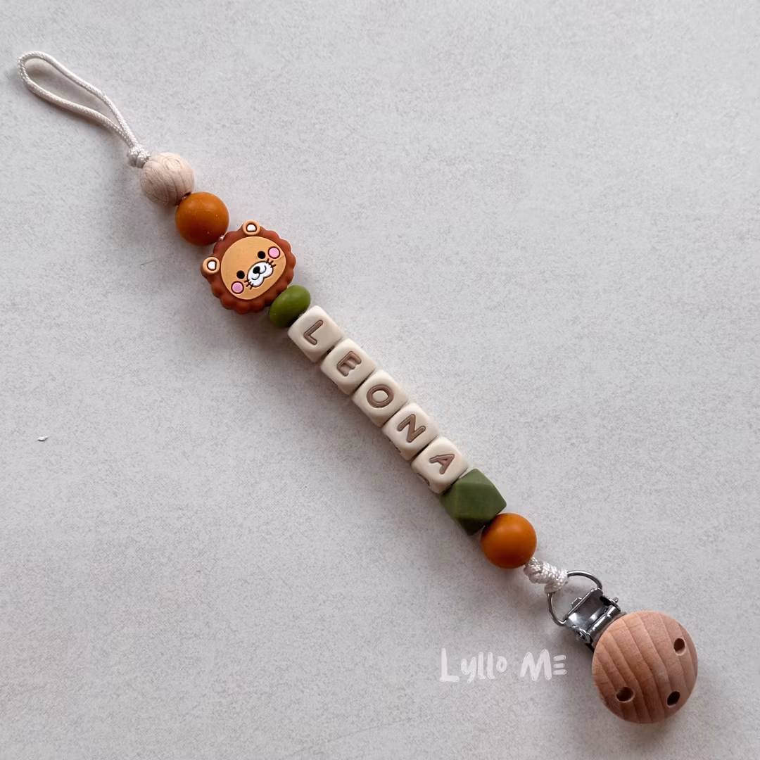 Pacifier holder with name - Little Lion - Olive Green /WHEAT
