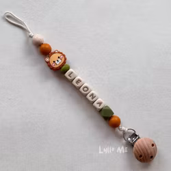Pacifier holder with name - Little Lion - Olive Green /WHEAT